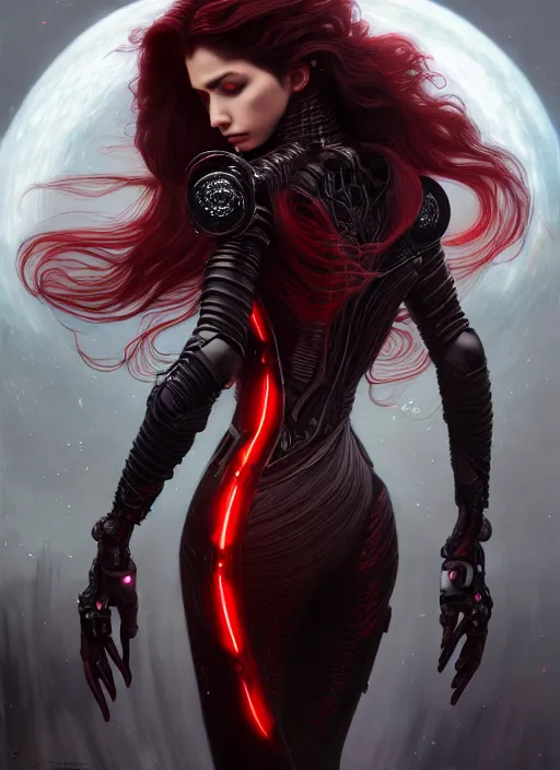 Image similar to a photorealistic detailed image of a beautiful stoic vampire in sci - fi bionic armor with flowing hair, black and red only, intricate, elegant, highly detailed, digital painting, artstation, concept art, smooth, sharp focus, illustration, art by hana yata, artem demura, alphonse mucha, octane render, unreal engine, 8 k