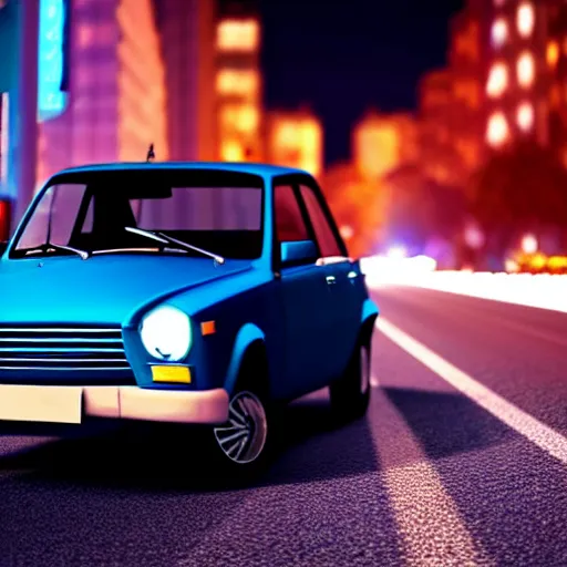 Prompt: a car Lada 1300 in the middle of a road on the night city, blue color grading, cinematic color grading , unreal 5, hyperrealistic, realistic, photorealistic, dynamic lighting, highly detailed, cinematic landscape, studio landscape, studio lighting