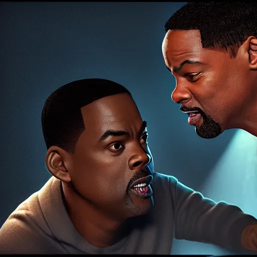 Prompt: chris rock is fighting with will smith on his face, shadow harsh lights, dramatic scene, hyper detailed, digital art, trending in artstation, cinematic lighting, studio quality, smooth render, unreal engine 5 rendered, octane rendered, ligh rim