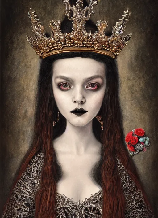 Prompt: highly detailed closeup portrait of a goth medieval princess wearing a crown and sitting on a throne, nicoletta ceccoli, mark ryden, lostfish, global illumination, god rays, detailed and intricate environment