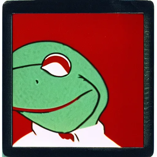 Prompt: Kermit the fish, profile polaroid photo, instax, white frame, by Warhol,