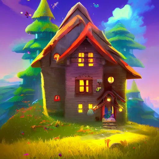 Prompt: beautiful 3 d painting of a colourful house on a hilltop at midnight with small fireflies flying around, breath of the wild, hyrule, inspired by cyril rolando, david wiesner, artstation, unreal engine
