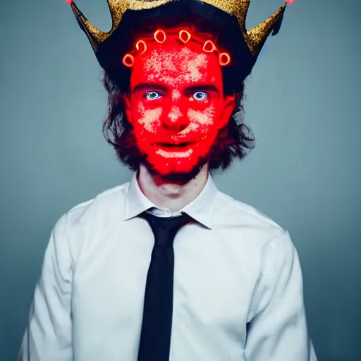 Prompt: man with a crown, smirk, photograph, black backgrounds, glowing red eyes