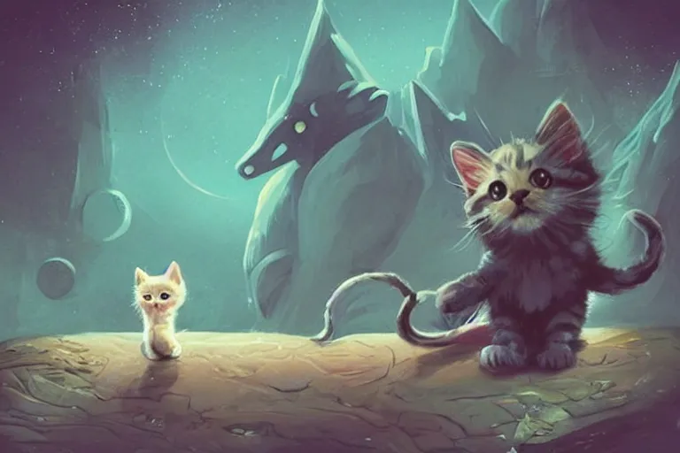 Image similar to tiny kitten meets a colossal space monster, sci-fi horror art, cute