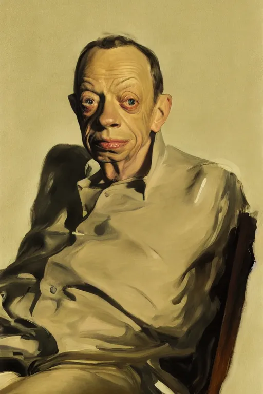 Image similar to portrait of don knotts sitting with full face full figure, in the style of expressionism, soft light, volumetric light, subsurface scattering, translucent skin, john singer sargent, andrew wyeth, jamie wyeth, john singer sargent,