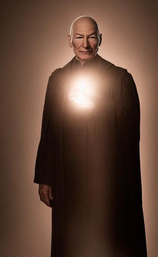 Image similar to Patrick Stewart as Professor X, backlit lighting, atmospheric fog