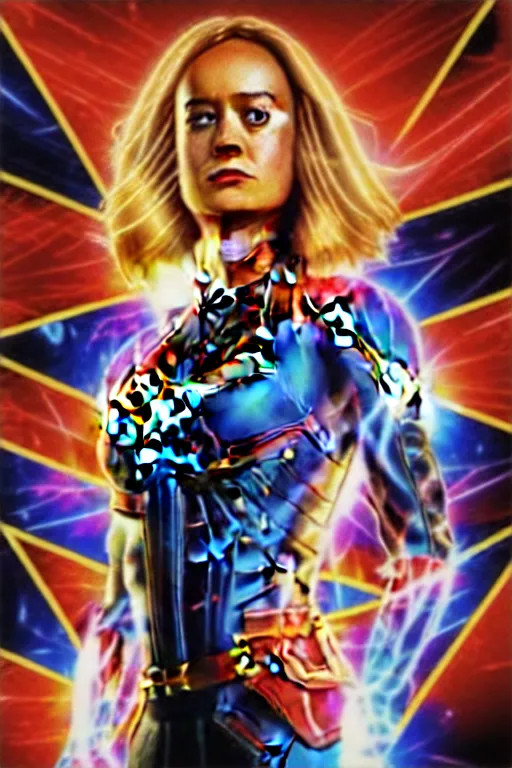 Prompt: Brie Larson as Captain Marvel high quality digital painting in the style of Lisa Frank