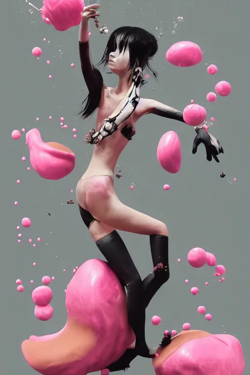 Prompt: epic 3 d abstract emo girl, spinning hands and feet, 1 6 mm, with black and pastel pink peanut butter melting smoothly into asymmetrical spiky bubbles, liquid, delicate, beautiful, intricate, houdini sidefx, trending on artstation, by greg rutkowski and ilya kuvshinov, jamie hewlett and ayami kojima