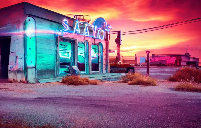 Image similar to a sunset light landscape with historical route 6 6, lots of sparkling details and sun ray ’ s, blinding backlight, smoke, volumetric lighting, colorful, octane, 3 5 mm, abandoned gas station, old rusty pickup - truck, beautiful epic colored reflections, very colorful heavenly, softlight