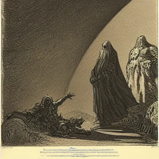 Image similar to etching by Franklin Booth and Gustav Doré showing frightened sorcerer in the desert by night, surrounded by nightmares in the shadows, mystic athmosphere, by Greg Rutkowski, deformed rocks, snakes, scorpions, UHD, 8K,