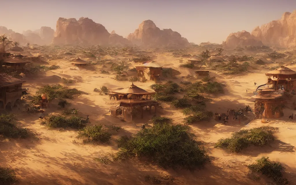 Image similar to arabian village, sand, lush vegetation, dune, sharp focus, wide shot, trending on artstation, masterpiece, by greg rutkowski, by ross tran, by fenghua zhong, octane, soft render, oil on canvas, colorful, cinematic, environmental concept art