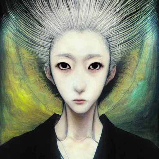 Image similar to yoshitaka amano blurred and dreamy realistic three quarter angle portrait of a woman with white hair and black eyes wearing dress suit with tie, junji ito abstract patterns in the background, satoshi kon anime, noisy film grain effect, highly detailed, renaissance oil painting, weird portrait angle, blurred lost edges