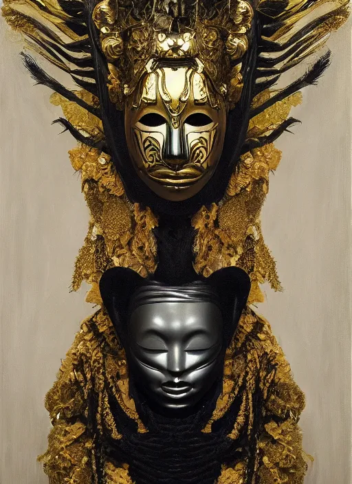 Prompt: highly detailed oil painting | very intricate | cinematic lighting | black, white and gold color scheme, dark background | the tiki mask by alexander mcqueen | by roberto ferri, by gustav moreau, by singer sargent and klimt, american romanticism, occult art | by austin osman spare, artstation, cgsociety, official art, octane