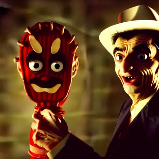 Image similar to mr. bean as freddie krueger. movie still. cinematic lighting.