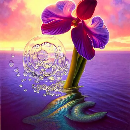 Prompt: detailed giant orchid flower surrounded by ocean wave, lsd water, ripples, transparent droplets, backlit, sunset, refracted lighting, art by collier, albert aublet, krenz cushart, artem demura, alphonse mucha