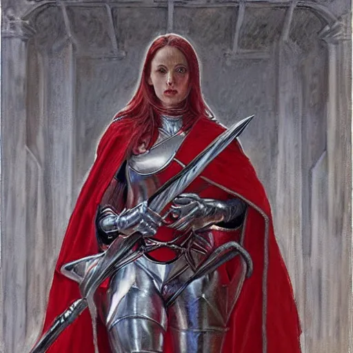 Image similar to portrait of a shocked female templar, in white and red armor, by donato giancola.