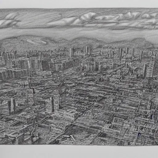 Image similar to pencil sketch of fully destroyed city after nuke bird view, high details