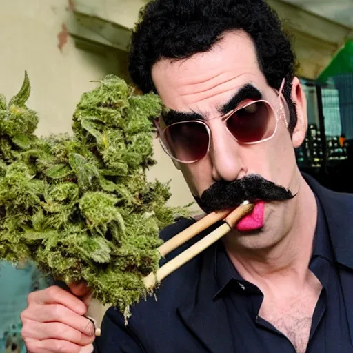 Image similar to Sacha Baron Cohen as borat smoking a giant rolled cannabis cigarette, smoke, 8k, hyper-detailed
