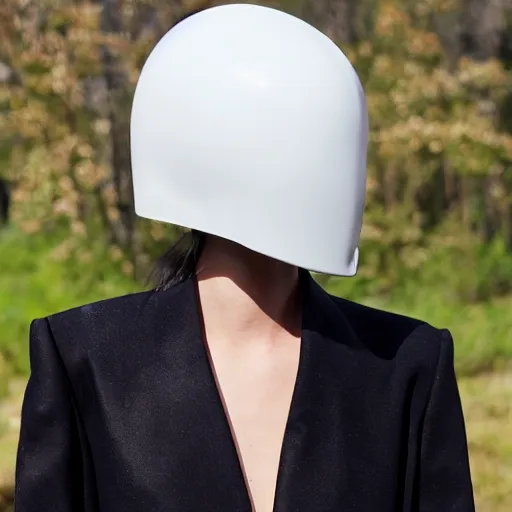 Image similar to high fashion helmet worn by a slender female model