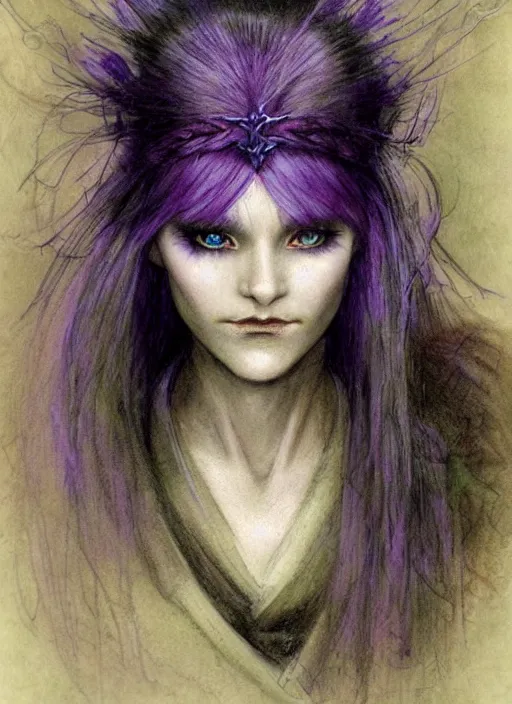 Image similar to portrait of young female sorceress of the endtimes, transluscent skin, lavender hair, beautiful! coherent! dungeons and dragons character, by brian froud, strong line, cool night color, high contrast