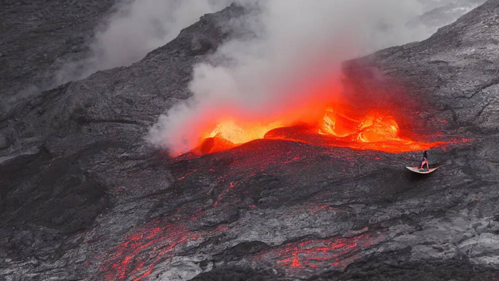 Image similar to person in armor surfing down a river of lava on the side of a volcano on surfboard, action shot, dystopian, thick black smoke, motion blur, sharp focus, cinematic, warren miller, tilt shift lens