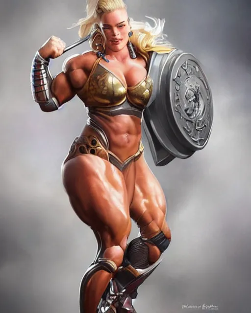 Image similar to full figure ultra realistic illustration, margot robbie as thick female bodybuilder knight zarya from overwatch smiling with closed eyes, intricate, elegant, highly detailed, digital painting, artstation, concept art, smooth, sharp focus, illustration, art by artgerm and greg rutkowski and alphonse mucha