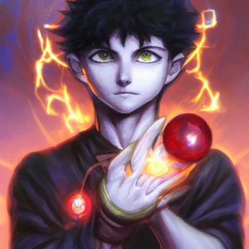 Image similar to portrait portrait portrait of Killua Zoldyck Mage doctor wearing a fireball in his right hand whilst wearing a waterball in his left hand whilst wearing a Shield of Omnipotence greg rutkowski peter mohrbacher anato finnstark marc simonetti Grisaille Realism