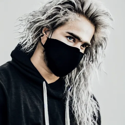 Image similar to professional digital art of a cute guy with blonde fluffy messy hair wearing a black face mask and a gray hoodie, high quality, HD, 8K, highly detailed, award-winning