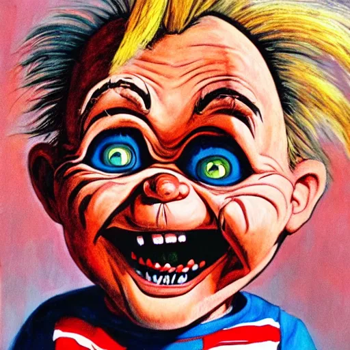 Image similar to painting of chucky by dr seuss | horror themed | creepy