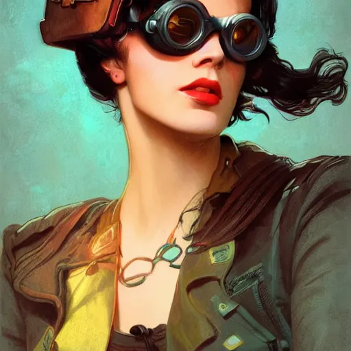 Prompt: a head and shoulders portrait of a dark haired woman, neon, retro, steampunk, goggles, smooth, sharp focus, intricate, artstation, detailed concept art by Rutkowski and Mucha and sky sewa and Marc Simonetti