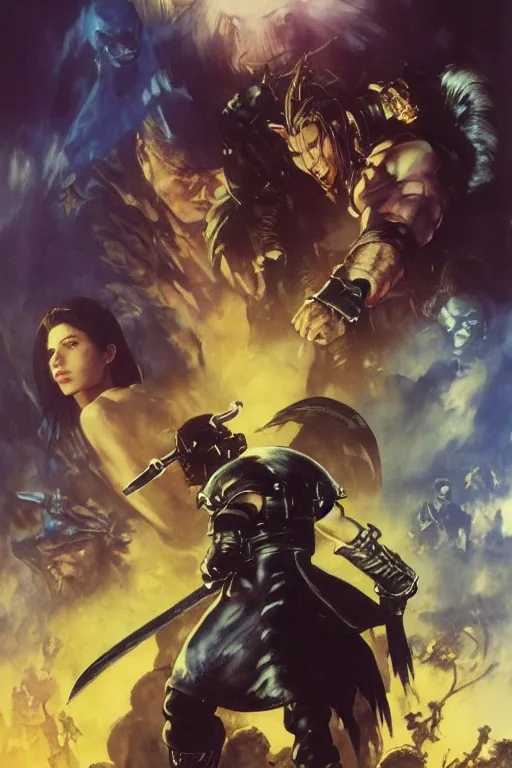 Prompt: Movie poster of Final Fantasy 7, Highly Detailed, Dramatic, A master piece of storytelling, by frank frazetta, ilya repin, 8k, hd, high resolution print