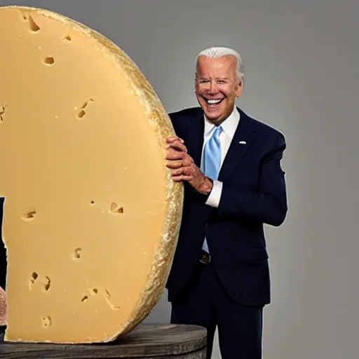 Prompt: joe biden eating a large wheel of cheese,