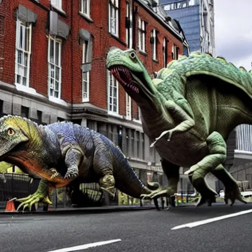 Prompt: photo of dinosaurs rampaging through London