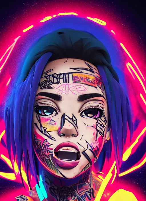 Image similar to graffiti of a streetwear anime style mixed woman wearing thick mascara, crying, a city on fire in the background, police lights shine on her face, tattoos, dark glitter, Cinestill 50d, 4k, 8k, hd, full color, octane render, trending on artstation, highly detailed
