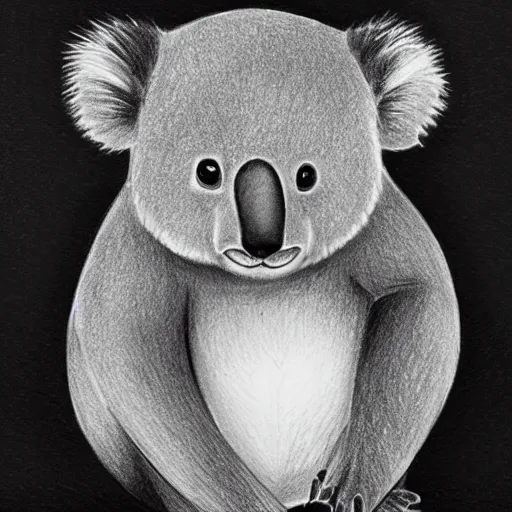 Prompt: a hand drawn pencil sketch of a quizzical koala staring at a bubble black and white illustration