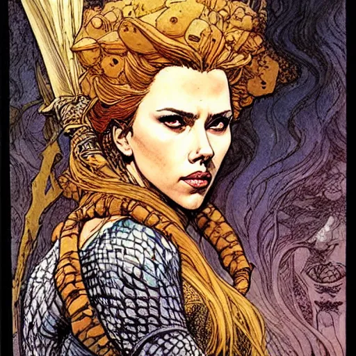 Image similar to a realistic, very beautiful and atmospheric portrait of scarlett johansson as a druidic warrior wizard looking at the camera with an intelligent gaze by rebecca guay, michael kaluta, charles vess and jean moebius giraud