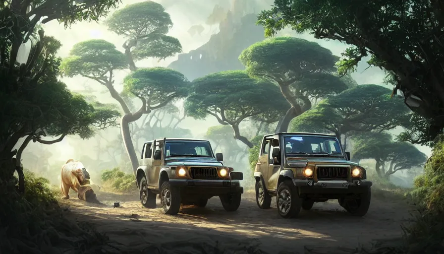 Image similar to mahindra thar driving through madagascar road with baobabs trees, drone view, animals running along, artgerm and greg rutkowski and alphonse mucha, an epic fantasy, volumetric light, detailed, establishing shot, an epic fantasy, trending on art station, octane render, midsommar