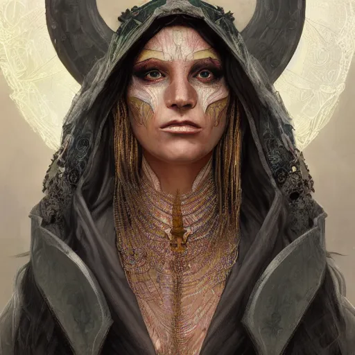 Image similar to ultra realistic illustration of cj miles as a cyber shamanic witch casting am elderit h spell, intricate, elegant, highly detailed, digital painting, artstation, concept art, smooth, sharp focus, illustration, art by artgerm and greg rutkowski and alphonse mucha