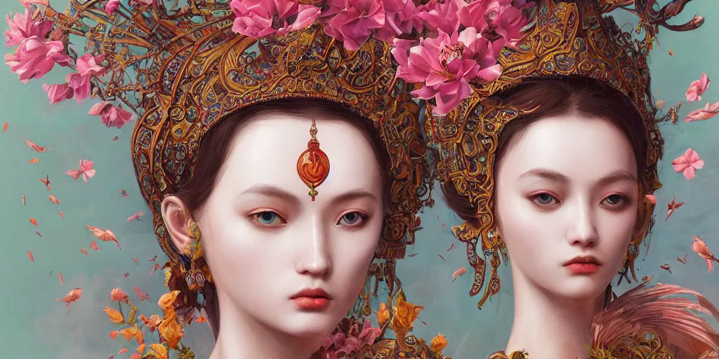 Prompt: breathtaking detailed concept art painting of the goddess of flamingo, orthodox saint, with anxious, piercing eyes, ornate background, amalgamation of leaves and flowers, by Hsiao-Ron Cheng, extremely moody lighting, 8K