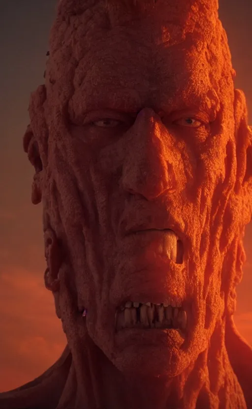 Prompt: extremely detailed cinematic movie still 3 0 7 7 portrait shot of a god of fire 2 5 years old white man hyperreal skin face at the mountain top by denis villeneuve, wayne barlowe, simon birch, marc simonetti, philippe druillet, beeple, bright volumetric sunlight from remote star, rich moody colors, closeup, bokeh
