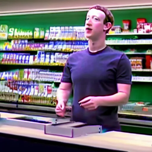 Image similar to cctv footage of mark zuckerberg holding a shotgun in a convenient store