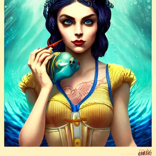 Image similar to lofi underwater bioshock portrait of mermaid, Pixar style, by Tristan Eaton Stanley Artgerm and Tom Bagshaw.