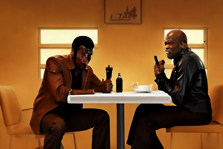 Image similar to painting pulp fiction movie highly detailed full - body samuel l jackson and john travolta posing in cafe, perfect symmetrical eyes, by eddie mendoza and tyler edlin, 8 k resolution, digital art, hyper realistic