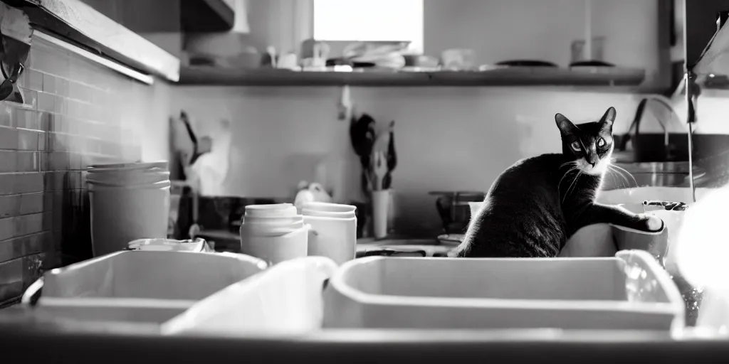 Prompt: A cat is washing dishes, studio lighting, Leica 8K still from an A24 film