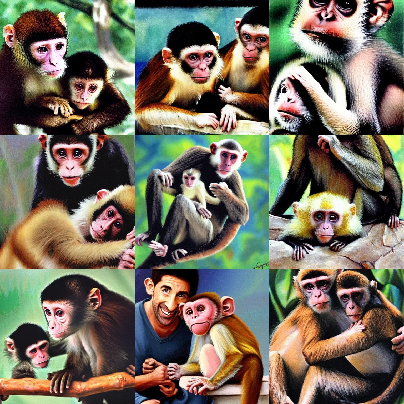 Prompt: a capuchin monkey biting ross geller, friends 9 0 s sitcom screenshot, painting by james gurney