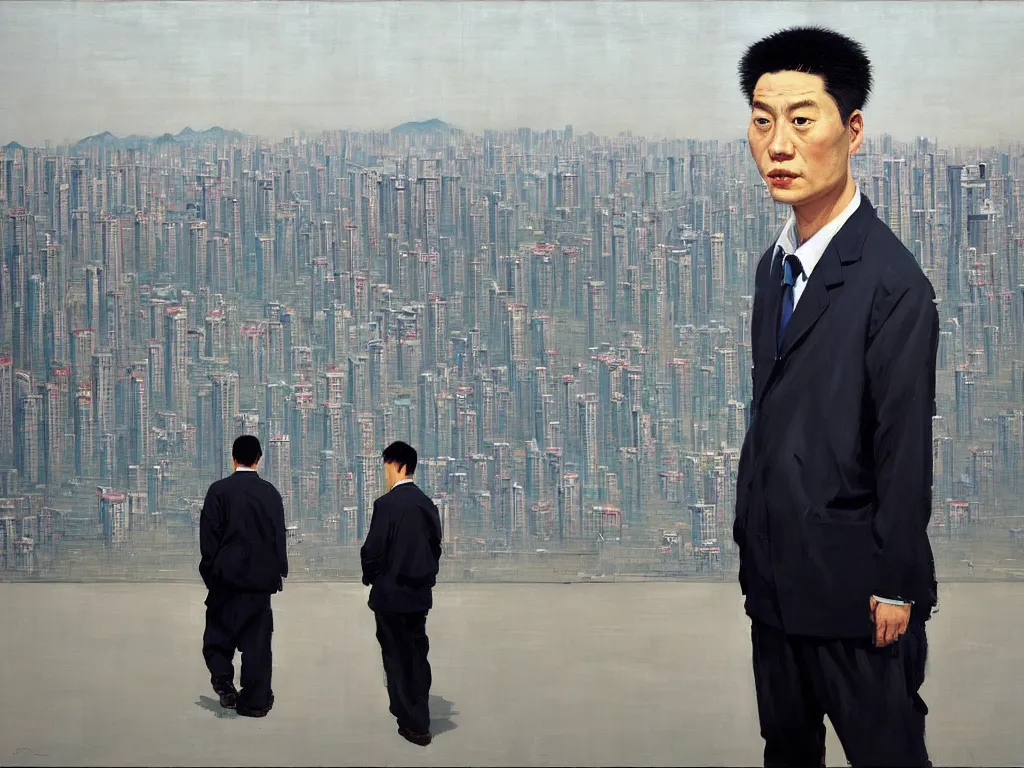 Prompt: ‘The Center of the World’ (Liu Xiaodong Neo-Realist oil painting, large brushstrokes) was filmed in Beijing in April 2013 depicting a white collar office worker. A man in his early thirties – the first single-child-generation in China. Representing a new image of an idealized urban successful booming China.