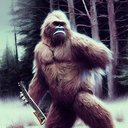 Prompt: UHD photorealistic Bigfoot playing electric guitar by Greg Rutkowski