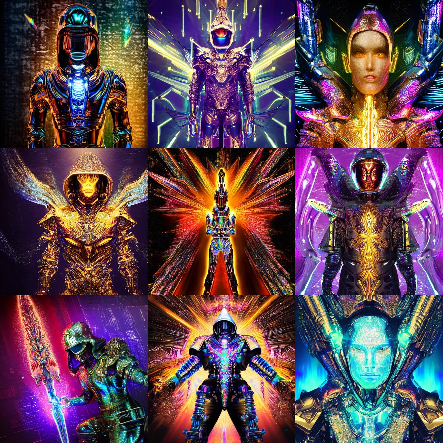 Prompt: Ultra realist intricate dark iridescent detailed painting of a powerful hooded divine royal omnipotent being wearing body armor and armed with a futuristic golden sword of iridescent flames, human face, biomechanical complex torso covered in iridescent 3D processor microchips, 3D render, 4K, symmetry, rich style, glowing iridescent sparks and smoke behind, crystallic cyberpunk megastructure background, artstation, colorful, badass, dark ominous stealth, colorful lens flares, unreal render, depth of field