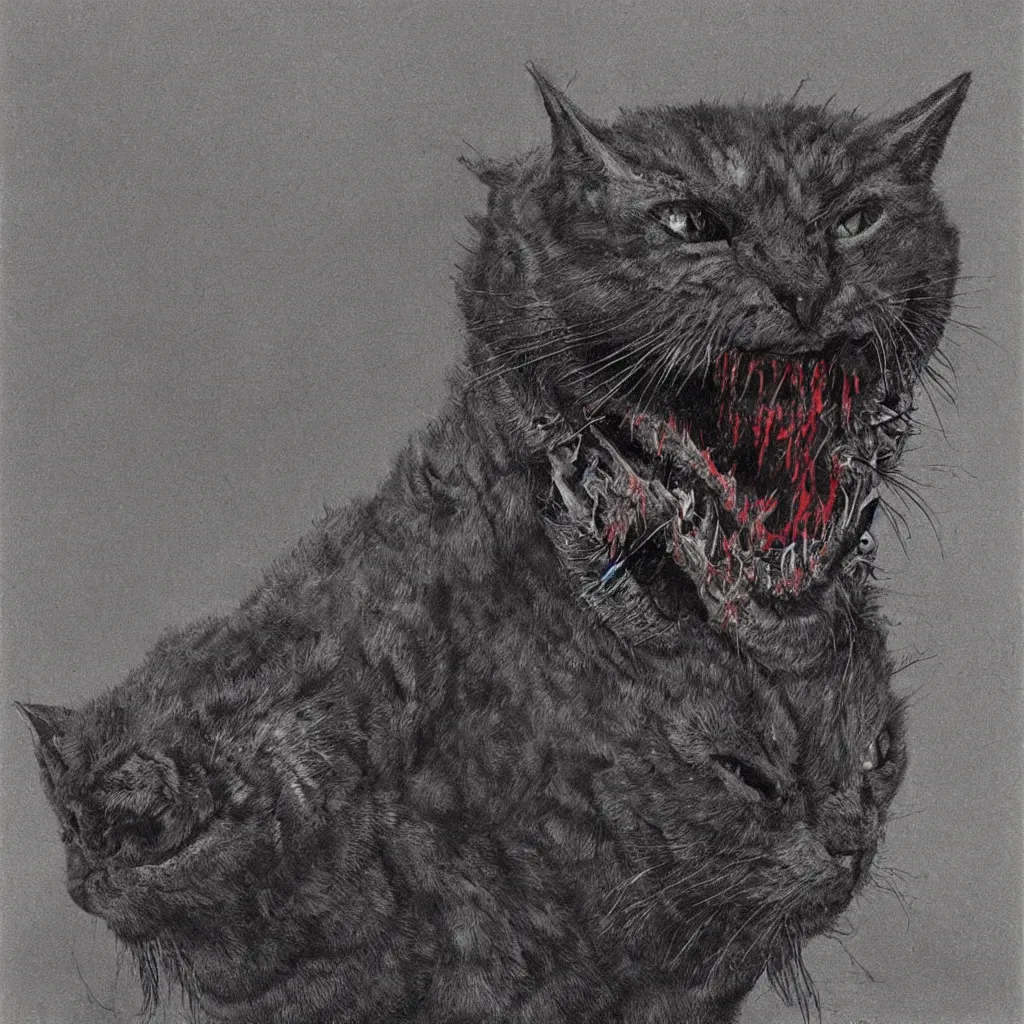 Image similar to horrifying and demonic cat with fangs and talons, in the style of zdislaw beksinski