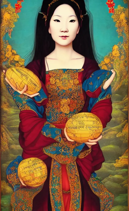 Image similar to an awesome vietnamese art of a lady in the style of a renaissance masters portrait, mystical and new age symbolism and tibetan book of the dead imagery, intricately detailed, 4 k